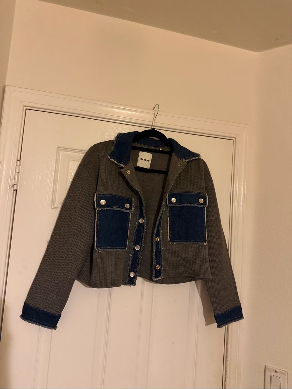 Sandro Gray Jacket with Blue Denim Pockets